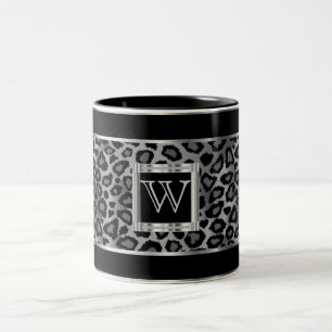 Monogram Silver and Grey Leopard Animal Print Two-Tone Coffee Mug
