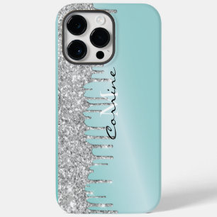 Monogram Silver Aqua Blue Glitter Drip Android + iPhone 14 Pro Max Case