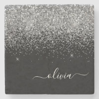 Monogram Silver Black Glitter Script Girly Name