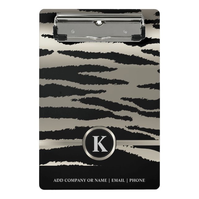 Monogram Silver & Black Zebra Stripes Mini Clipboard (Front)