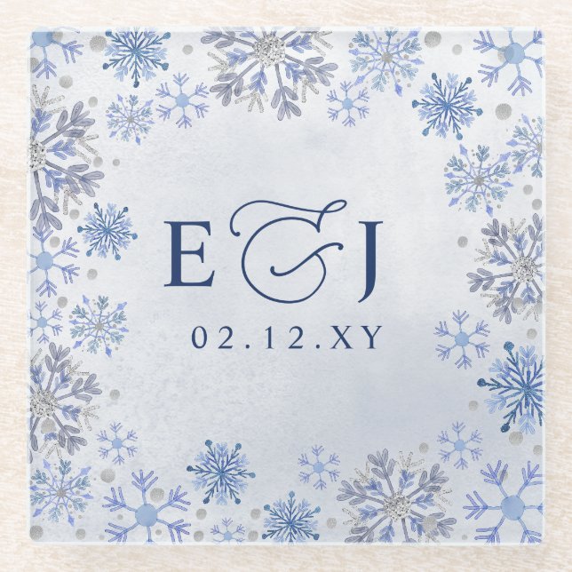 Monogram Silver Blue Snowflakes Winter Wedding Glass Coaster (Front)