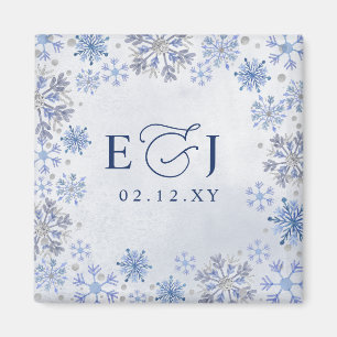Monogram Silver Blue Snowflakes Winter Wedding Magnet