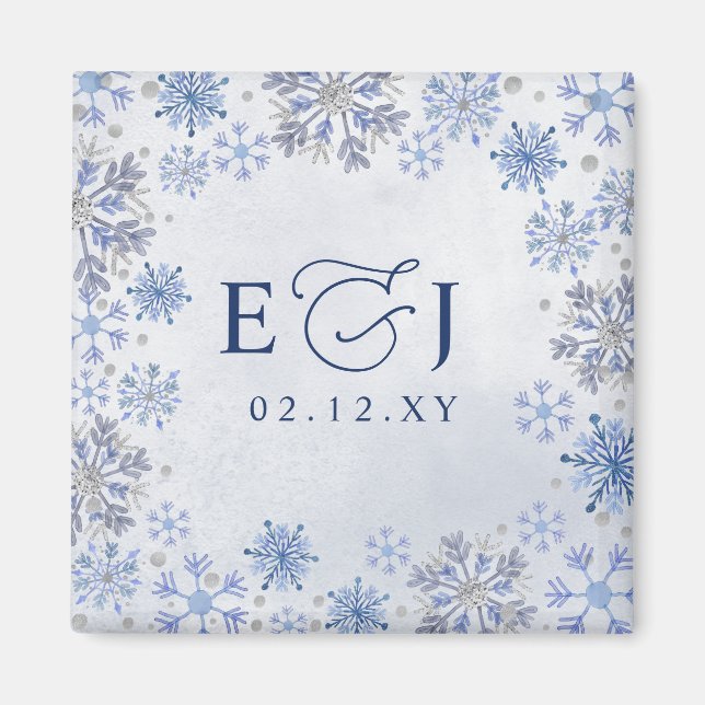 Monogram Silver Blue Snowflakes Winter Wedding Magnet (Front)