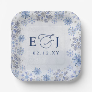 Monogram Silver Blue Snowflakes Winter Wedding Paper Plate