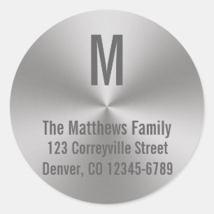 Monogram Silver Brushed Metal Look  Radial Address Classic Round Sticker