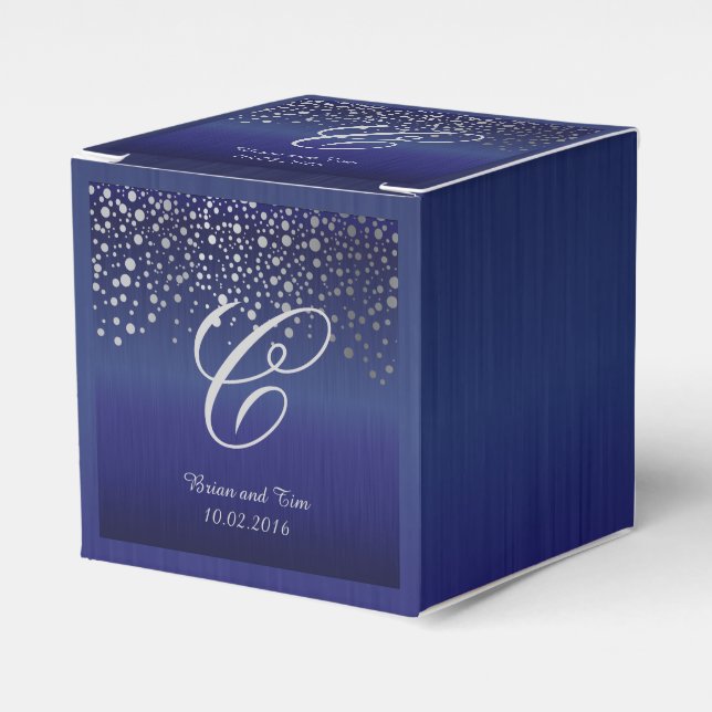 Monogram Silver Confetti Dots | Sapphire Blue Favor Box (Front Side)