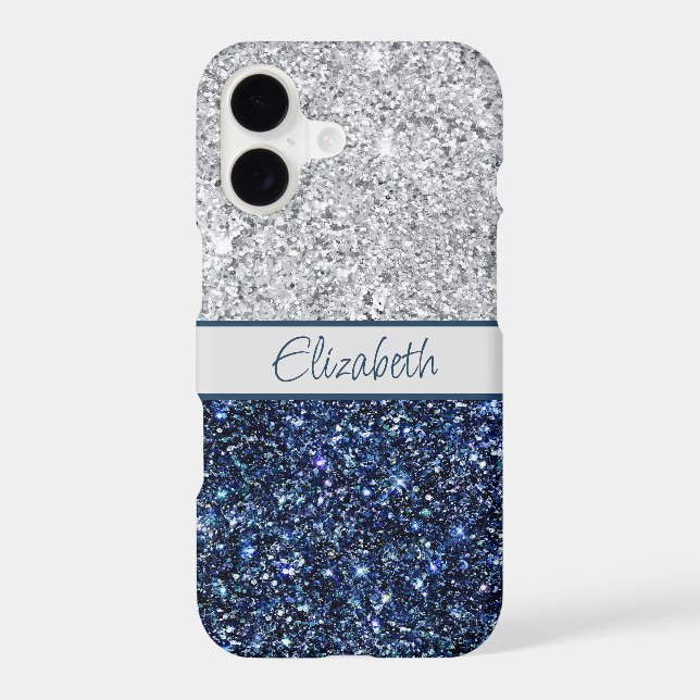 Monogram Silver Dark Blue Glitter Trendy Chic  (Back)