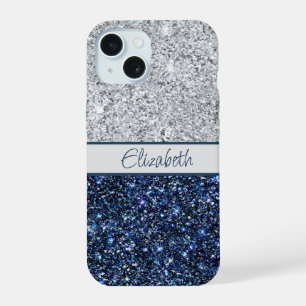 Monogram Silver Dark Blue Glitter Trendy Chic iPhone 15 Case