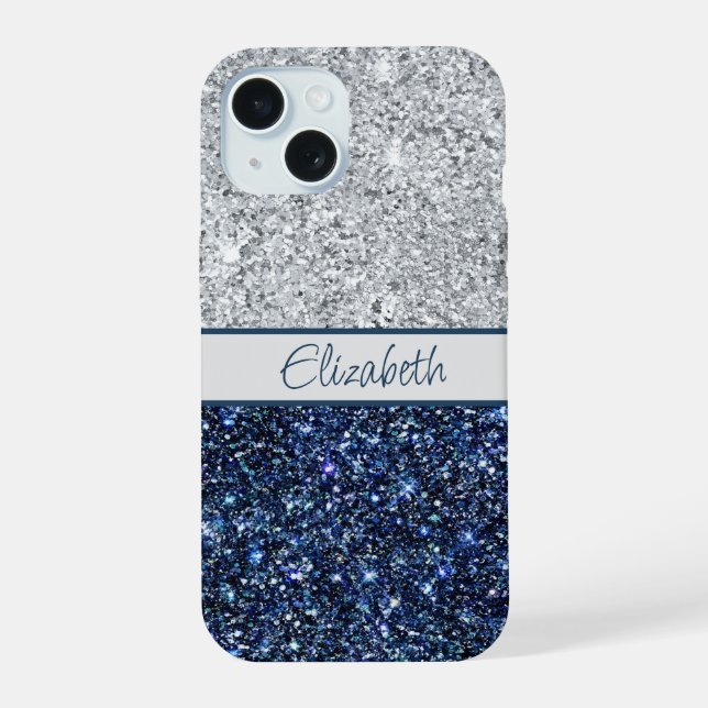 Monogram Silver Dark Blue Glitter Trendy Chic  iPhone 15 Case (Back)