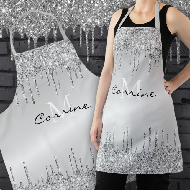 Monogram Silver Dripping Glitter Metallic Platinum Apron (Creator Uploaded)