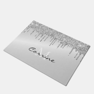 Monogram Silver Dripping Glitter Metallic Platinum Doormat
