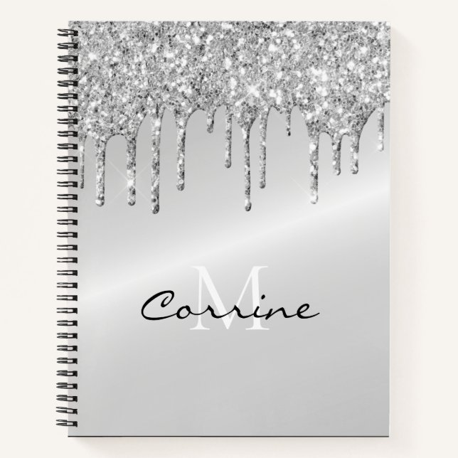 Monogram Silver Dripping Glitter Metallic Platinum Notebook (Front)