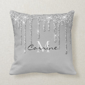 Monogram Silver Dripping Glitter Metallic Platinum Throw Pillow