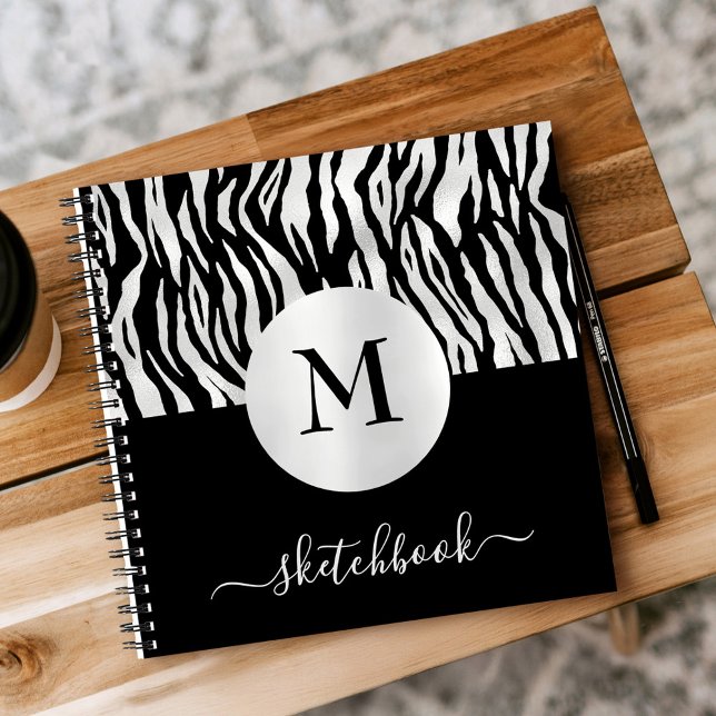Monogram Silver Foil Black Tiger Print Sketchbook Notebook (Creator Uploaded)