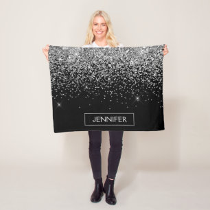 Monogram Silver Glam Glitter Sparkle Name Fleece Blanket