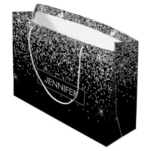 Monogram Silver Glam Glitter Sparkle Name Large Gift Bag