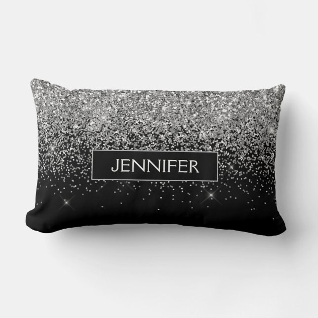 Monogram Silver Glam Glitter Sparkle Name Lumbar Pillow (Front)