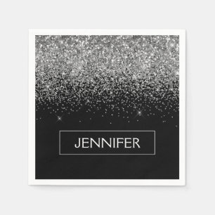 Monogram Silver Glam Glitter Sparkle Name Napkin