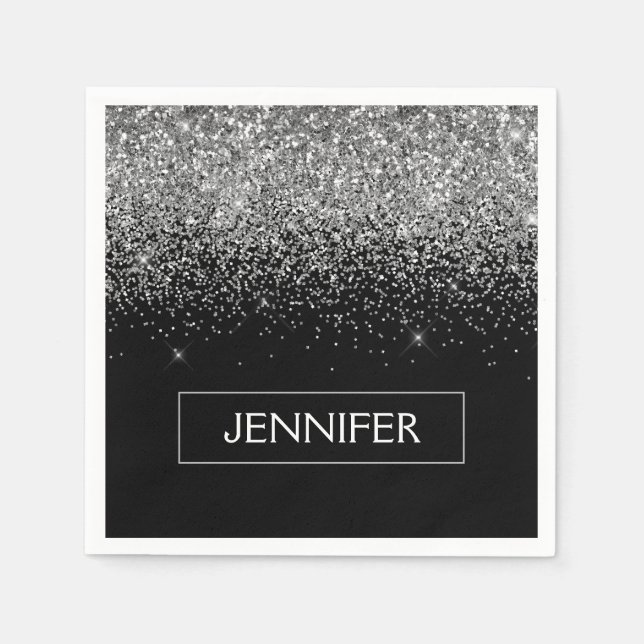 Monogram Silver Glam Glitter Sparkle Name Napkin (Front)