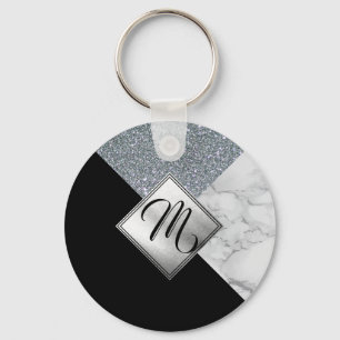 Monogram  - Silver Glitter, Black and Marble Keychain