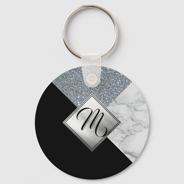 Monogram  - Silver Glitter, Black and Marble Keychain (Front)