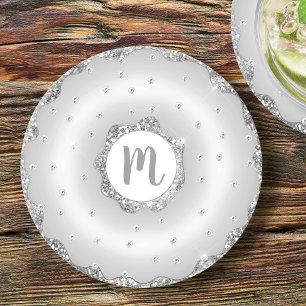 Monogram silver glitter doughnut chic script girly round paper coaster