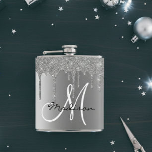Monogram Silver Glitter Drips Girly Hip Flask