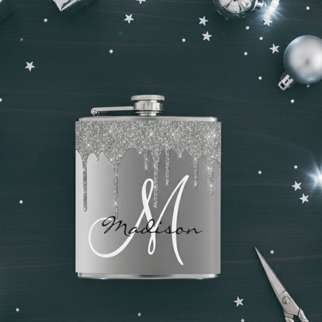 Monogram Silver Glitter Drips Girly Hip Flask (Creator Uploaded)
