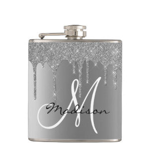 Monogram Silver Glitter Drips Girly Hip Flask
