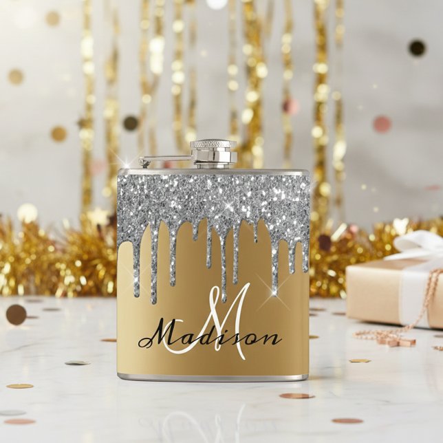 Monogram Silver Glitter Drips Girly Sparkle Flask (Creator Uploaded)