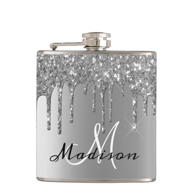 Monogram Silver Glitter Drips Girly Sparkle Hip Flask (Front)