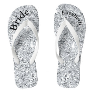 Monogram Silver Glitter Glam Bling Brides Flip Flops