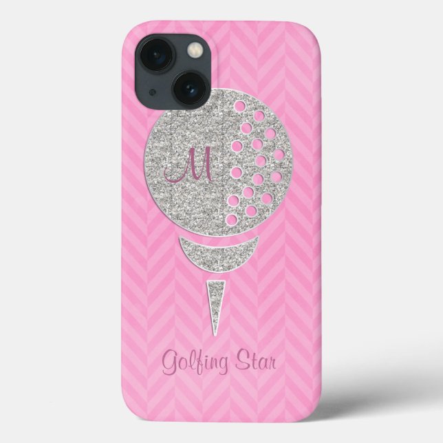 Monogram Silver Glitter Golf Ball on Pink Chevron Case-Mate iPhone Case (Back)