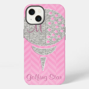 Monogram Silver Glitter Golf Ball on Pink Chevron iPhone 13 Case
