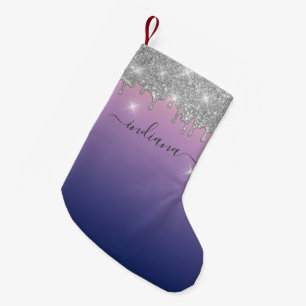 Monogram Silver Glitter Holiday Keepsake Purple Small Christmas Stocking