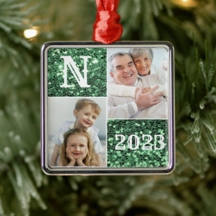 Monogram Silver Glitter Photo Christmas Holiday M Metal Ornament