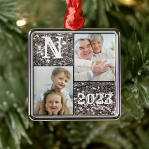 Monogram Silver Glitter Photo Christmas Holiday Metal Ornament