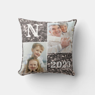 Monogram Silver Glitter Photo Christmas Holiday Throw Pillow