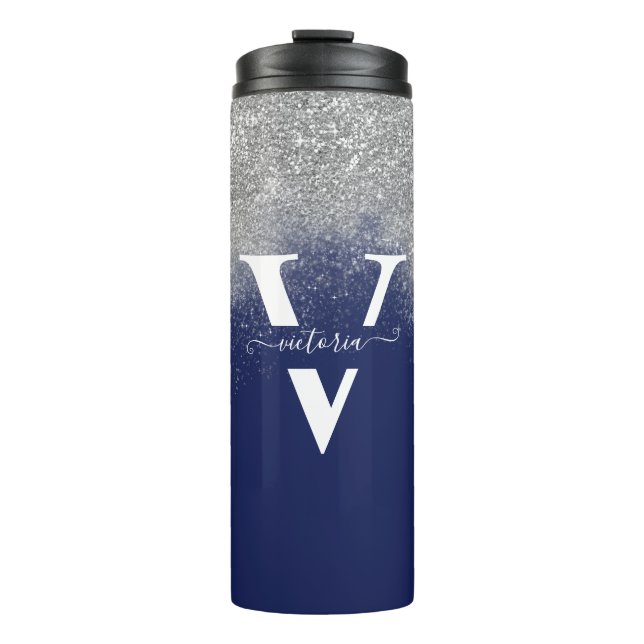 Monogram Silver Glitter Sparkles Navy Blue Custom Thermal Tumbler (Front)