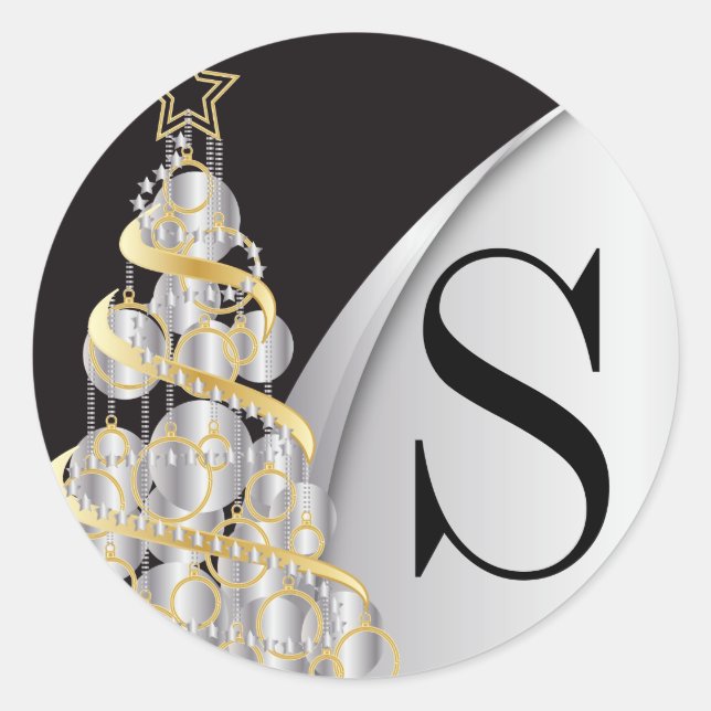Monogram Silver, Gold and Black Merry Christmas Classic Round Sticker (Front)