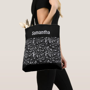 Monogram Silver Grey Black Leopard Print Cheetah  Tote Bag