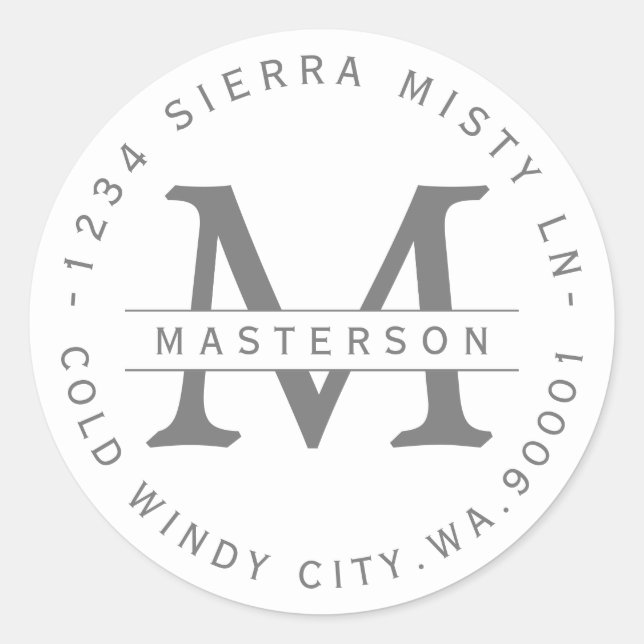 Monogram Silver Grey Circular Return Address Label (Front)