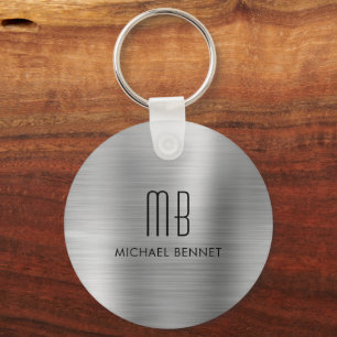 Monogram Silver Grey Faux Brushed Metal Keychain