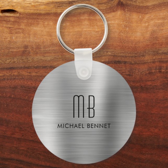Monogram Silver Grey Faux Brushed Metal Keychain (Front)