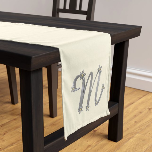 Monogram Silver Letter M Cream Table Runner (A cream table runner with a fancy silver letter M with cute daisy details just for you)
