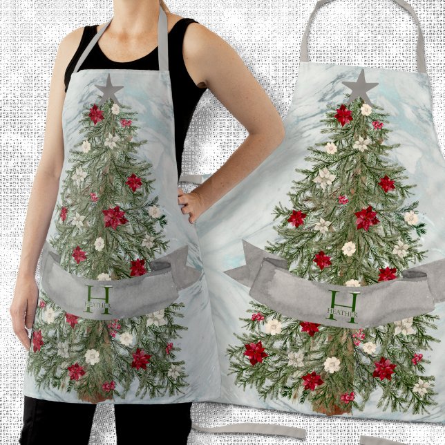 Monogram Silver Marble Watercolor Christmas Tree Apron (Creator Uploaded)