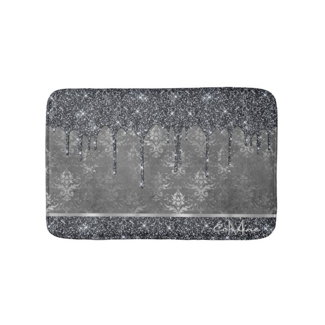 Monogram Silver Metallic Black Glitter Grey Damask Bath Mat (Front)