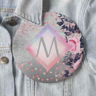 Monogram Silver Navy Rosegold Girly Newlyweds Gift 6 Inch Round Button