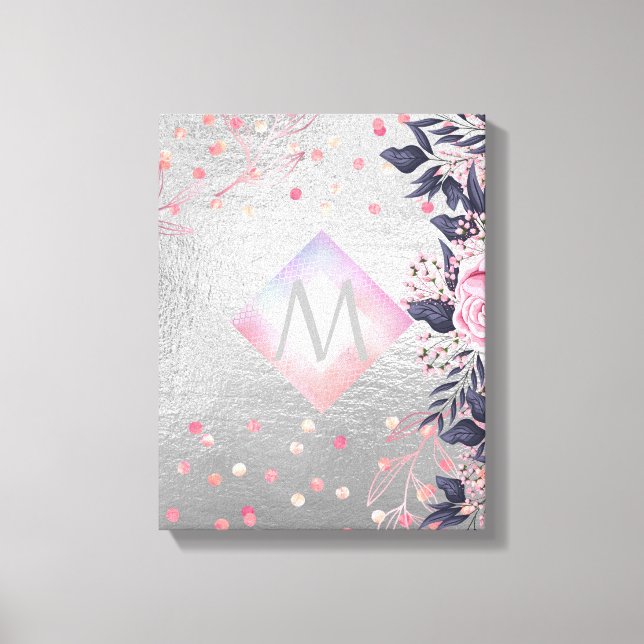 Monogram Silver Navy Rosegold Girly Newlyweds Gift Canvas Print (Front)