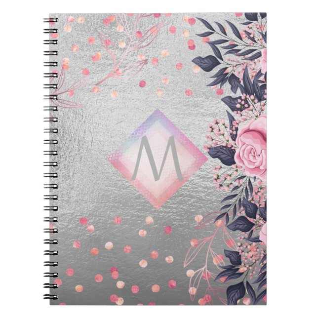 Monogram Silver Navy Rosegold Girly Newlyweds Gift Notebook (Front)